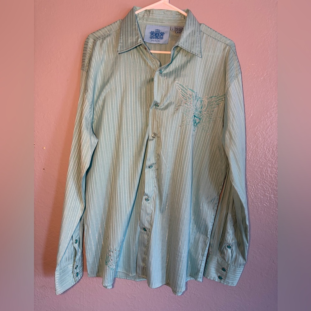 Danesi Shirt Adult‎ L Teal Embroidered Snap Button Up Long Sleeve Western Mens